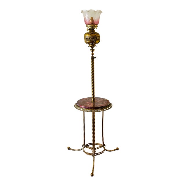 Victorian Brass Converted Oil Lamp Marble Side Table Floor Lamp For Sale