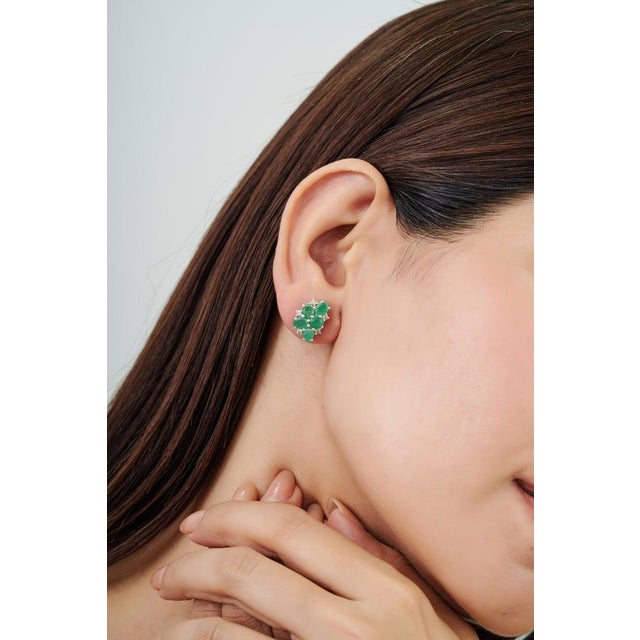Green Vintage Inspired Emerald & Diamond Cluster Stud Earrings in 925 Silver, a Pair For Sale - Image 8 of 14