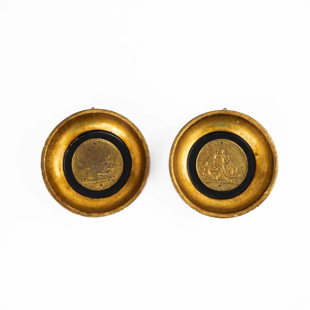 Wood Vintage Italian Gold Frame Brass Coin Wall Art - A Pair For Sale - Image 7 of 12