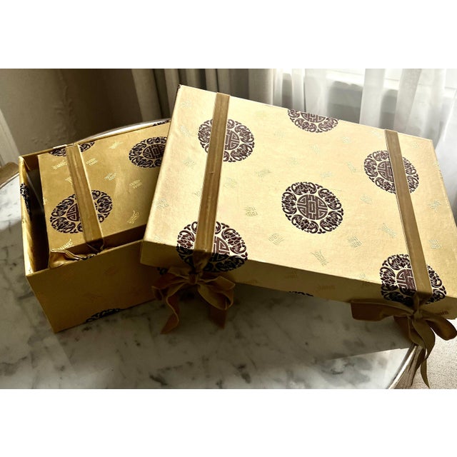 Mid 20th Century Three Silk Chinese Nesting Boxes with Velvet Ties & Symbols of Good Luck For Sale In Los Angeles - Image 6 of 7