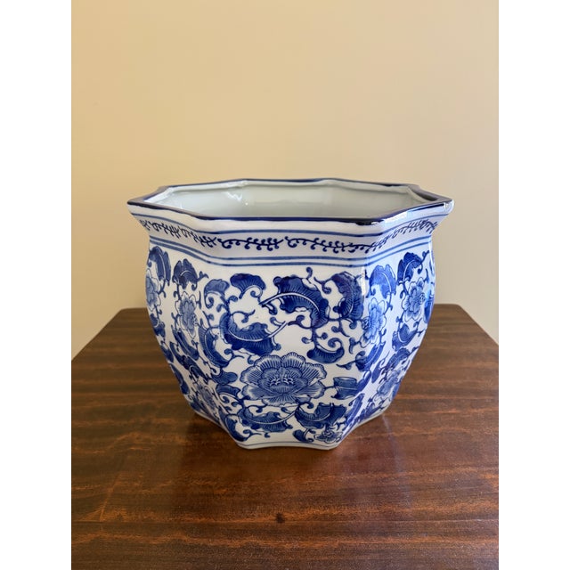 Early 21st Century Chinoiserie Large Blue and White Porcelain Planter For Sale - Image 5 of 6