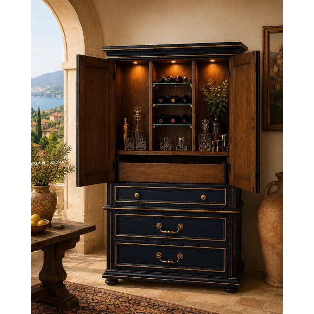 Mediterranean Mid 20th Century Midnight Blue Gilded Reserve Gentleman’s Dry Bar Cabinet For Sale - Image 3 of 4