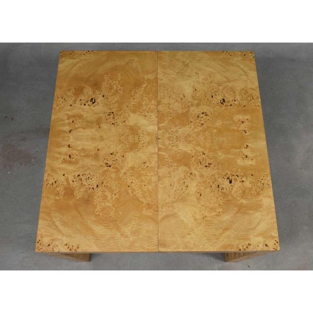 Refinished Milo Baughman Square to Rectangle 40” - 79” Parsons Burl Dining Table For Sale - Image 9 of 11