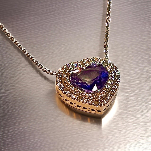 2010s Natural Heart Sapphire Diamond Pendant 18" 14k W Gold 4.13 TCW Certified For Sale - Image 5 of 16