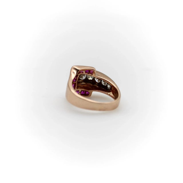 1940s Retro 14K Gold Diamond and Ruby Buckle Ring Size 4.5 For Sale - Image 5 of 8
