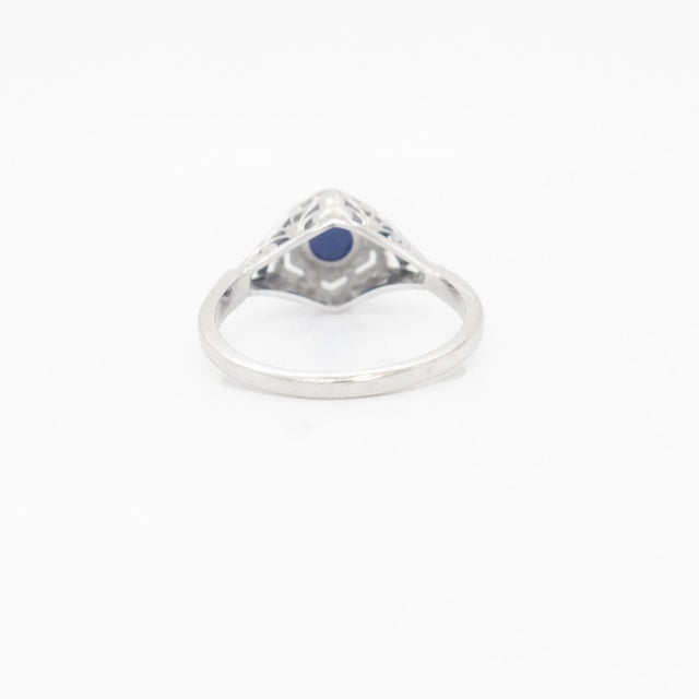 Silver Star Sapphire Cabochon & 14k White Gold Art Deco Style Filigree Ring For Sale - Image 8 of 11