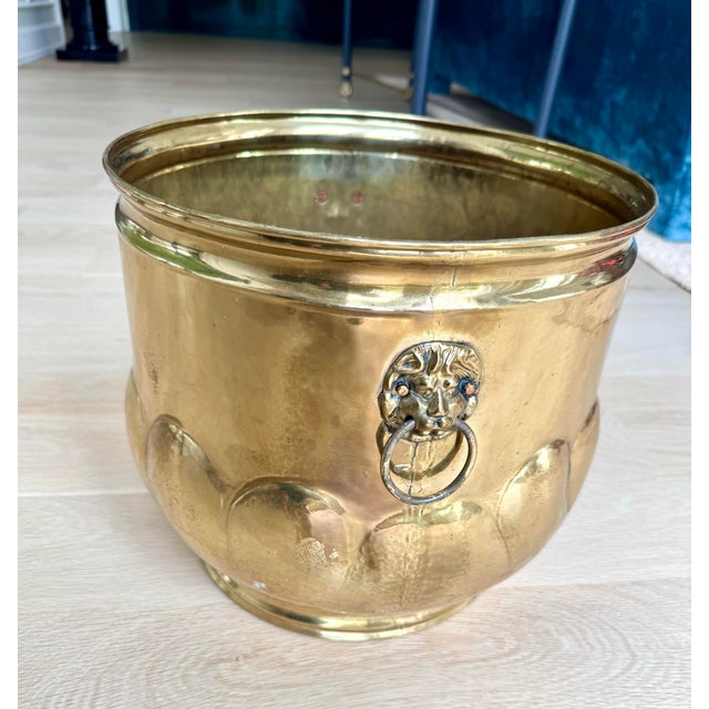 Vintage English Hand-Hammered Brass Lion Head Cachepot Jardinière For Sale - Image 10 of 12
