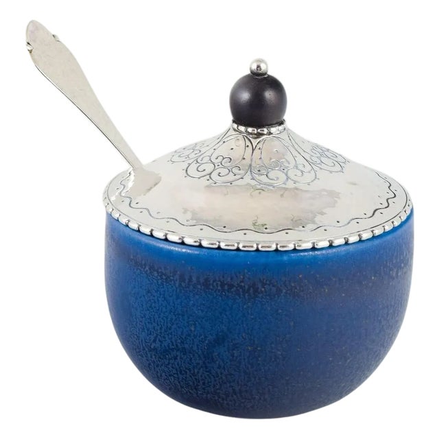 Jam Jar with Silver Lid and Spoon by Wilhelm Kåge for Kåge Verkstad Gustavsberg, 1920s For Sale