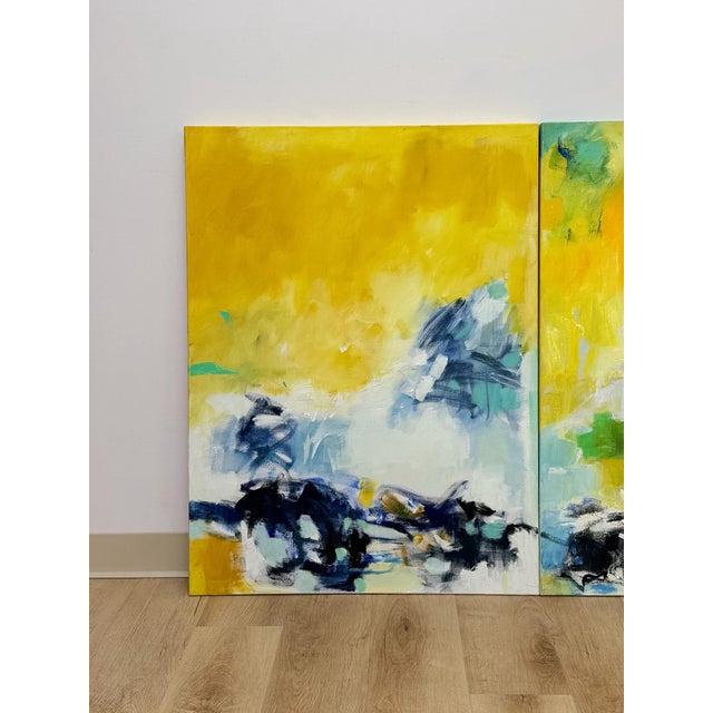 Set of 3 Modern Abstract Paintings Yellow Green Blue Wall Art Acrylic on Canvas For Sale - Image 4 of 16