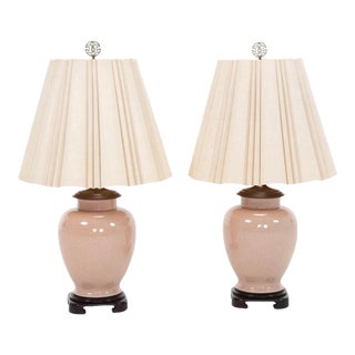 Vintage Mid 20th Century Asian Chinoiserie Blush Ceramic Lamps - a Pair For Sale