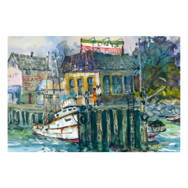 American 1980s "Monterey Wharf" Watercolor Painting, Framed For Sale - Image 3 of 5