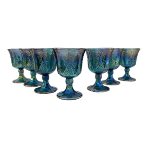 1970s Harvest Blue Carnival Glass Goblets, Set of 7