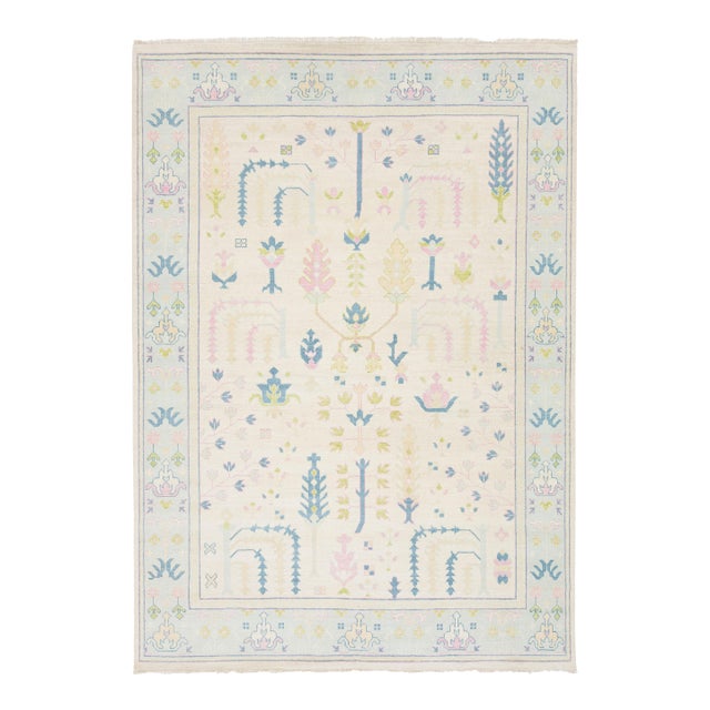 Turkish Inspired Modern Oushak Wool Rug With Minimalist Botanical Design 9x12 For Sale