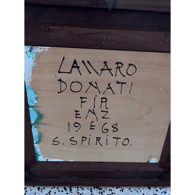 The painting depicts a cityscape in Florence , showing the Basilica de Santo Spirito . Its oil on board measures 15.5 in...