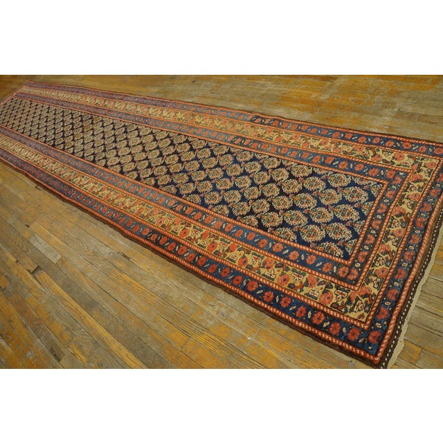 Tribal 1900s Navy Blue Paisley Tribal Antique Nw Persian Carpet Runner 3' 3" X 15' Knotted Wool Rug For Sale - Image 3 of 12