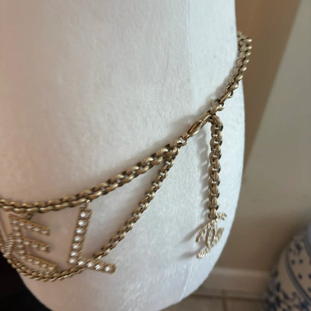 Framed Vintage Lagerfeld Chanel Crystal Logo Chain Belt Fashion For Sale - Image 13 of 17