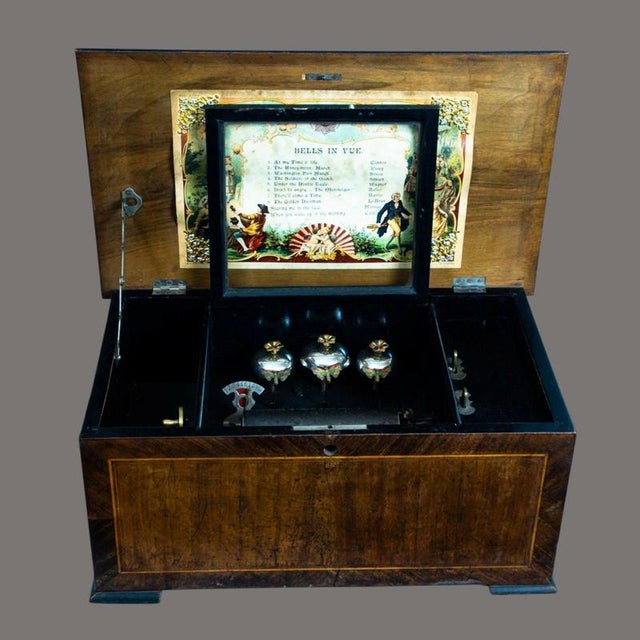 19th Century Swiss Cylinder Music Box with Three Bells in Walnut Case For Sale - Image 4 of 11