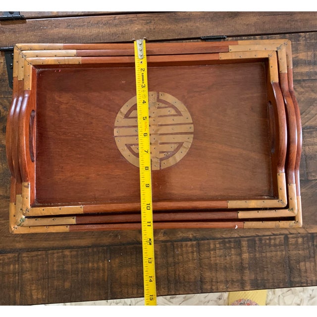 Copper Vintage Asian Rosewood Serving Tray With Brass 3 Pieces Mid Century For Sale - Image 8 of 12