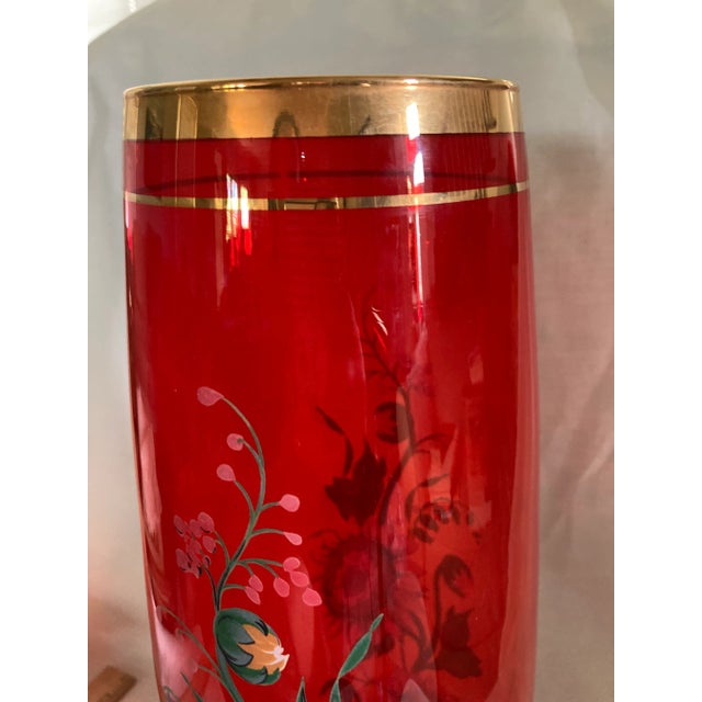 American Vintage Norleans Red Hand Painted Cylinder Glass Vase Sunflower Floral Italy 22k Gold Accent For Sale - Image 3 of 13
