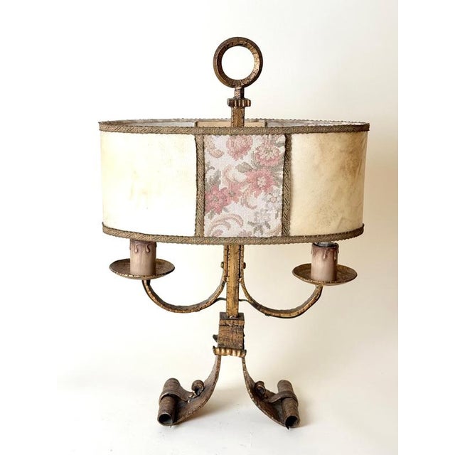 Large Florentine Gilt Iron Two-Light Table Lamp with Leather and Tapestry Shade, 1950s For Sale - Image 11 of 18