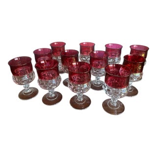 1960s Vintage Kings Crown Colony Glass Thumbprint Ruby Red Goblets- Set of 12 For Sale
