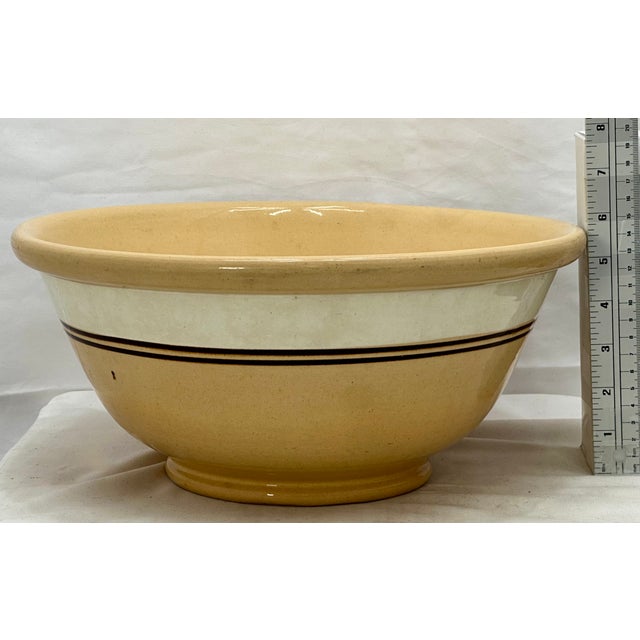 Nice Antique Large Thick & Heavy 13 Inch Brown & Cream Color Banded Yellow Ware Kitchen Mixing Bowl - Circa Late 1800s For Sale - Image 18 of 18