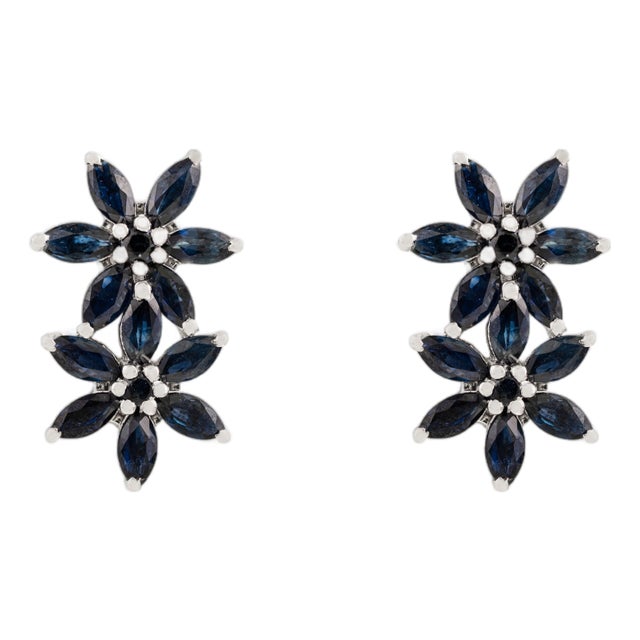 A Pair of Vintage-Inspired Solid Silver Blue Sapphire Floral Stud Earrings For Sale