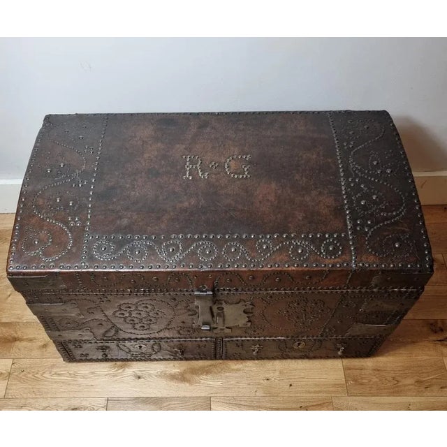 17th Century William and Mary Brass Studded Leather Chest For Sale - Image 4 of 11