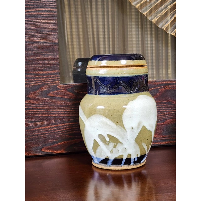 Blue Late 20th Century Handmade Stoneware Glazed Abstract Canister With Lid For Sale - Image 8 of 9