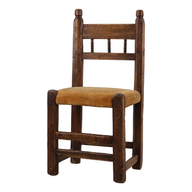 Spanish Hand-Carved Oak Side Chair with Velour Seat, 19th Century For Sale
