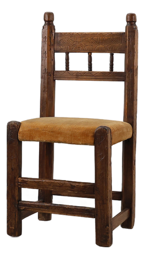 Spanish Hand-Carved Oak Side Chair with Velour Seat, 19th Century
