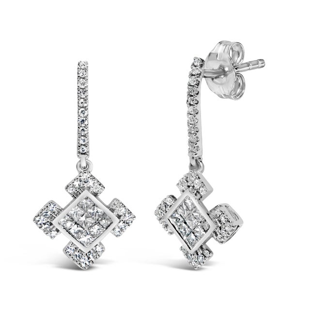 Contemporary 10K White Gold Princess and Round Diamond Geometric Composite Dangle Earrings For Sale - Image 3 of 5