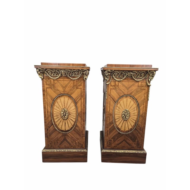 Wood Vintage French Louis XVI Style Parquetry and Ormolu Display Pedestals - Pair For Sale - Image 7 of 10