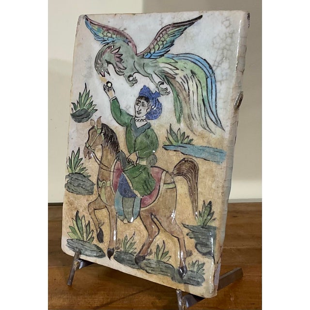 Ceramic Exquisite Vintage Persian Qajar Style Ceramic Tile: Prince on Horseback For Sale - Image 7 of 16