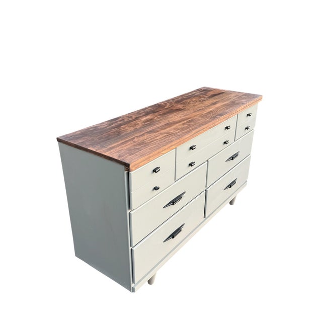 Mid-Century Modern Walnut & Sage Green Lowboy Dresser Professionally Refinished For Sale In Buffalo - Image 6 of 8
