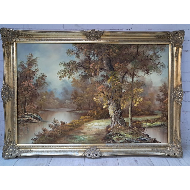 1980s Large Vintage Landscape, Woodland, Oil Painting on Canvas, Gold Wood Frame, I Cafieri For Sale - Image 5 of 18