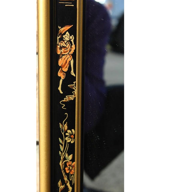 1970's Drexel Heritage Chinoiserie Black and Gold Hand Painted Wall Mirror For Sale - Image 13 of 14