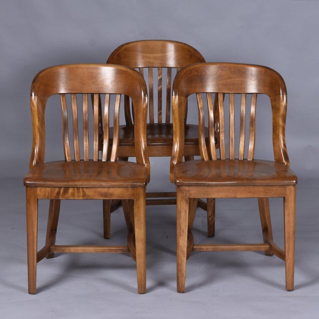 Group of 3 Solid Wood Bankers or Library Chairs Early 20th Century For Sale - Image 9 of 16