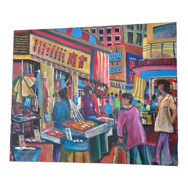 1970s Vintage Asian Cityscape Painting on Canvas ~ Signed Amy HolzHaver For Sale
