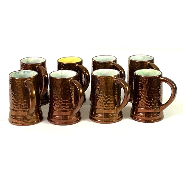 1930s Handcrafted, Artisan – Ceramic Large, Pitcher, and Eight Tankards-in a Hammered Copper Lusterware Finish - Set of 9 For Sale - Image 6 of 11