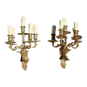 19th Century Louis XV Style French Floral Gilt Bronze Five-Arm Sconces - a Pair