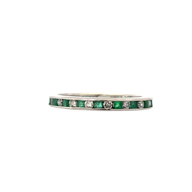 Metal Platinum Emerald & Natural Diamond Antique Eternity Band, Size 7 For Sale - Image 7 of 8