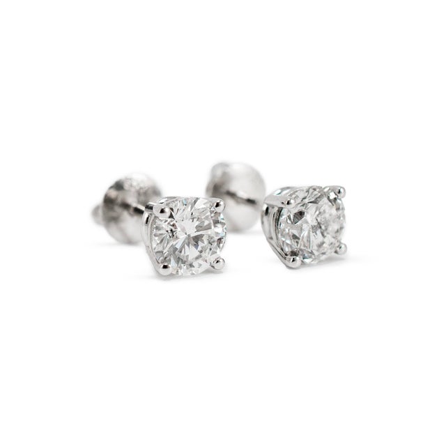 14k White Gold 4 Prong Screw Back 1.40 Ct Round Diamond Stud Earrings, A Pair For Sale - Image 4 of 8