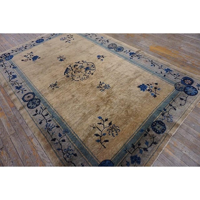 Textile 1920s Tan Beige Color With Great Blue Florid Design Antique Chinese Peking Rug For Sale - Image 7 of 10