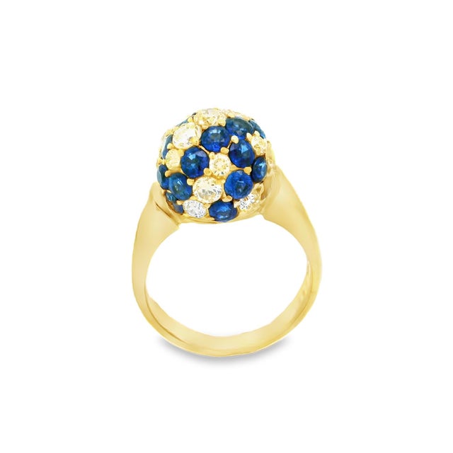 Contemporary Blue-Sapphire Diamond 18k Yellow Gold Sphere Ring Size 8.5 For Sale - Image 3 of 5