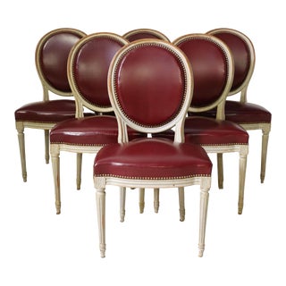 Vintage Louis XVI Style Red Leather Dining Chairs - Set of Six For Sale