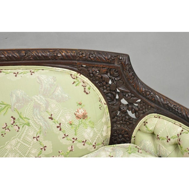 Antique Italian Renaissance Carved Walnut French Victorian Rams Head Green Sofa For Sale - Image 13 of 18
