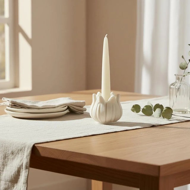 Far Pavilions White Marble Lotus Candle Holder | Hand Carved Stone Tealight Stand for Zen Home Decor | Small Spiritual Meditation Gift | Boho Table Accent For Sale - Image 4 of 4