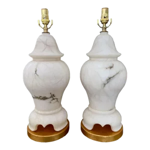 1960s Alabaster Lidded Vase Table Lamps - a Pair