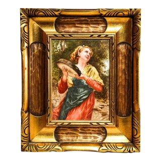 Art Nouveau Maiden Antique German Porcelain Tile Painting Carved Wood Frame For Sale